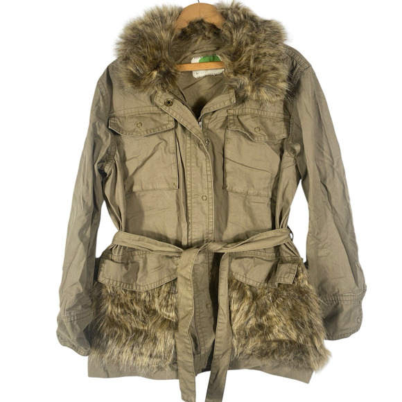 Anthropologie Faux Fur Trimmed Field Jacket Medium Military Boho Belted Womens - Picture 1 of 10